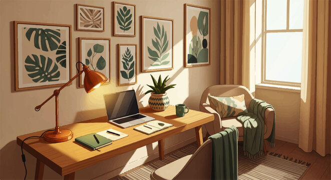 Bright, cozy home office with wooden desk, laptop, and comfortable armchair. Botanical art and natural light create a serene, productive workspace