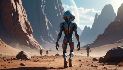An alien figure, clad in metallic armor, traverses a desolate, red-rock landscape toward a distant, otherworldly planet