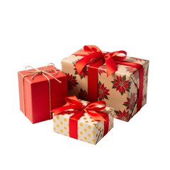 Fototapeta premium Three Festive Gift Boxes on White – Elegant, Cozy & Full of Holiday Spirit Perfect for cards, ads, or social media — a joyful trio wrapped in warmth and style.
