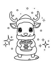 Sweet Christmas Party Reindeer Enjoying Cocoa with Marshmallows – Vector Coloring Page for Kids and Adults 