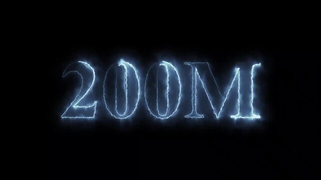 200M. Electric lightning text. Burning Logo reveal animation on black background 4k,.