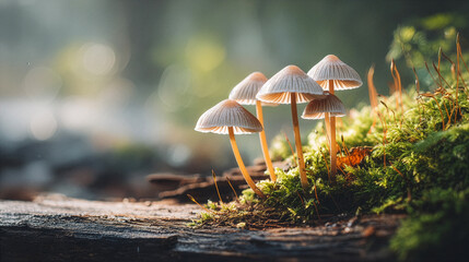 苔むした倒木に生える小さなキノコのマクロ写真