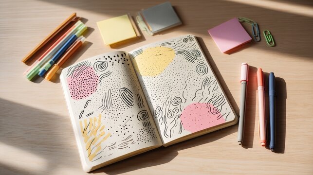 Open notebook with colorful abstract doodles, surrounded by pens, sticky notes, and paperclips on a wooden surface