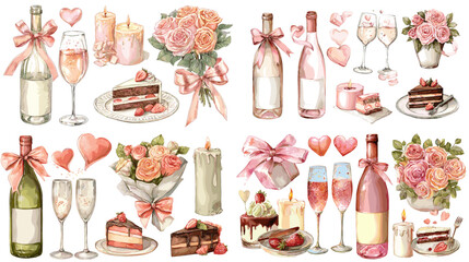 Romantic watercolor set of wine bottles, glasses, cakes, and roses with hearts and ribbons — perfect for Valentine’s Day, wedding invitations, and romantic celebration design.