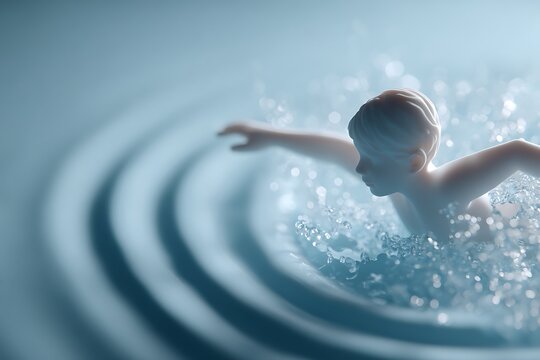 A minimalist rendering of a child's figure swimming in clear water with concentric ripples, symbolizing fluid motion, aquatic education, and children's swim progress. - Powered by Adobe