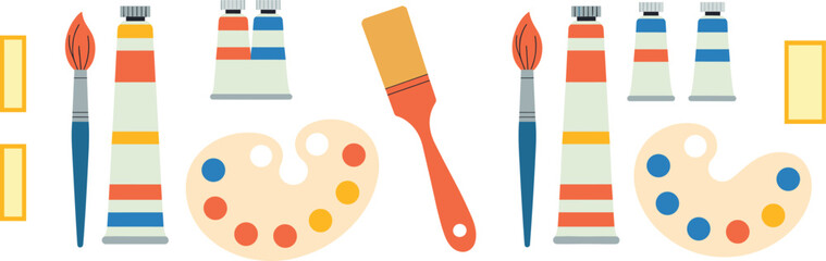 Art supplies symmetry, colorful paint tubes, painter palette, creative tools, brushes and spatula, artistic background, education design, hobby illustration, craft concept, vibrant composition