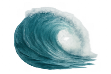 Large ocean wave forming a powerful curl, water splashing and white foam cresting. Element ready for design integration