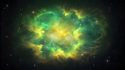 Spectacular green and yellow nebula with stars in deep outer space