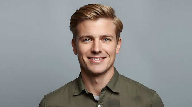Confident Smile: A charismatic individual exudes a warm, genuine smile. His eyes sparkle with self-assurance. A portrait of modern attractiveness. 