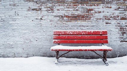 Red park bench covered in snow against a brick wall in winter  