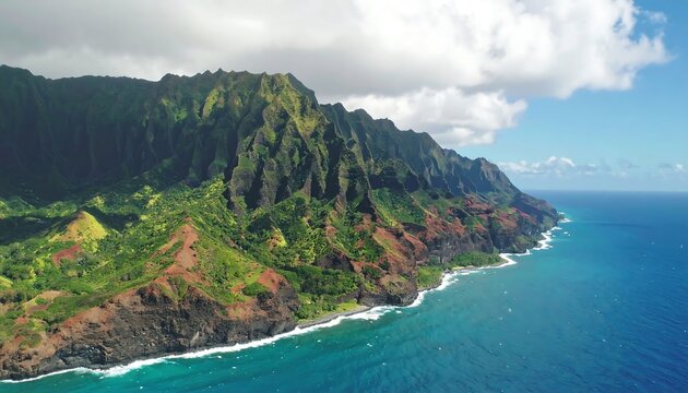 Aerial view captures a lush, rugged coastline merging with an azure ocean. Dramatic cliffs rise from the shore, accented by clouds above