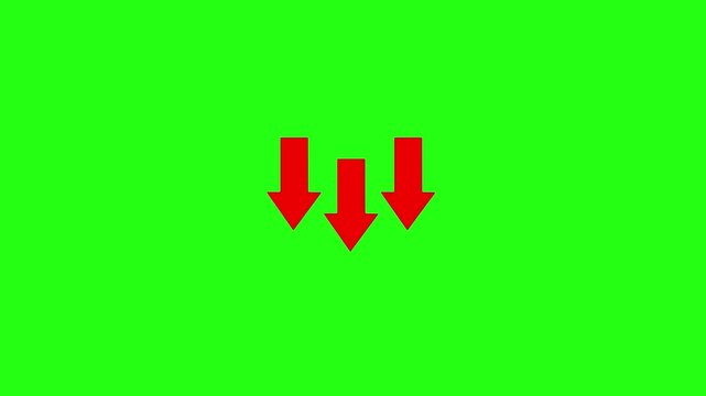 Three red arrows pointing down. Simple icon animation for download, direction, or pointing concepts. Seamless loop on a green screen background