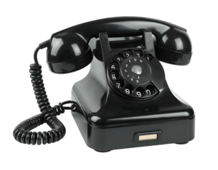 Glossy black retro dial phone with handset off-hook on a white background