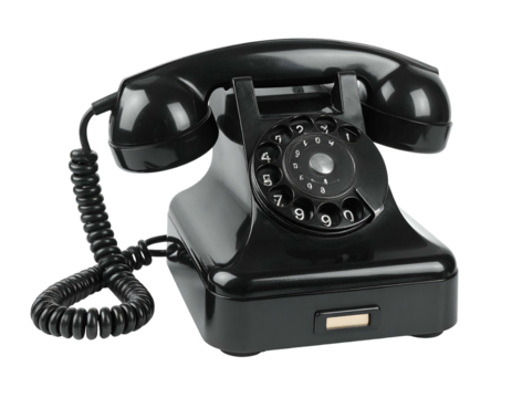Glossy black retro dial phone with handset off-hook on a white background