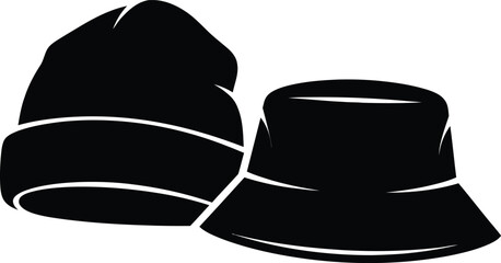 Setofblackandwhitesilhouettesofamodernknittedbeaniecapandabuckethatforedgyurbanstreetfashionstylevector.