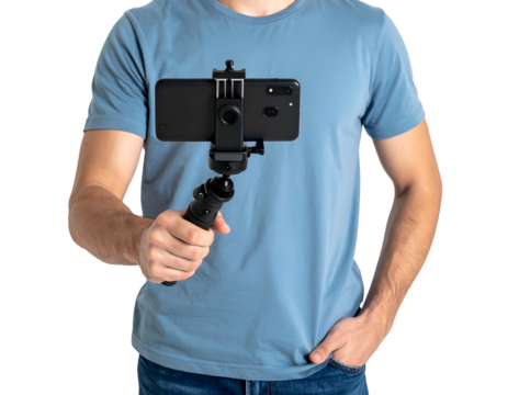 Man in blue tee holding a black phone in a tripod, against a black background