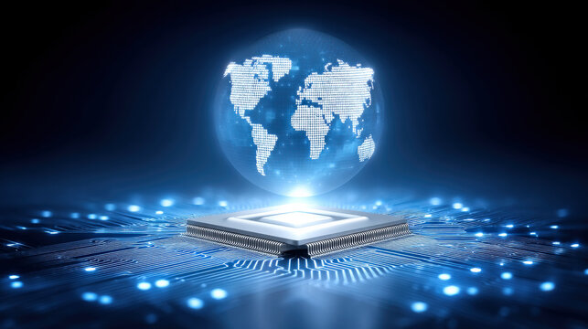 Holographic world map above glowing processor chip with digital light and circuit connections, futuristic global technology scene conveying innovation and connectivity