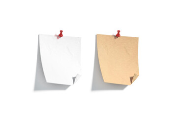 Blank white and craft pinned paper note folded mockup, isolated