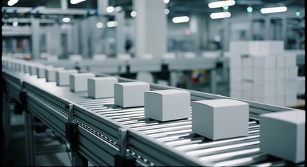 Fototapeta premium Factory conveyor with boxes — automation and logistics