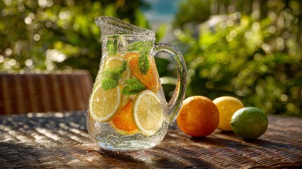 A clear glass pitcher, filled with citrus slices and mint, sits on a wooden table outdoors. Sunshine filters through foliage