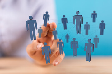 Abstract illustration of a digital network of people, hand interacting with interface, concept of...