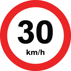 Circular Speed Limit Sign – Red and White Road Symbol with “30 km/h” Text for Traffic Safety, Residential Zones, or Driving Education Materials