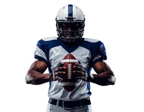 A football player holds the ball with dark skin, wearing a helmet and pads - Powered by Adobe