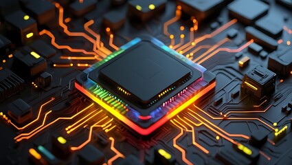 Futuristic glowing CPU processor on a circuit board with orange light trails computer chip microchip