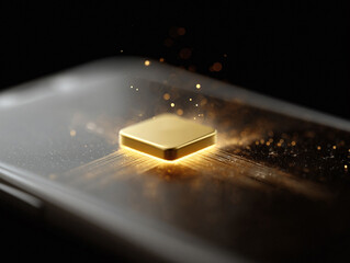 Closeup image of a golden microchip on a phone, representing tech innovation, data processing power and advanced engineering. Useful for electronics, AI concepts.