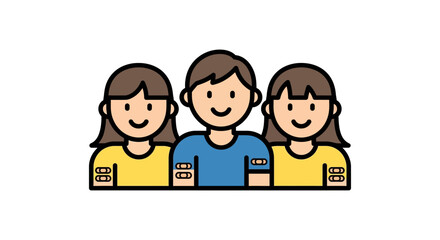 Three vaccinated people smiling showing their arm band-aids promoting public health and vaccine awareness ideal for health campaigns and vaccine drives.
