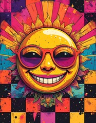 Funky, smiling sun with sunglasses in a checkered design