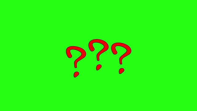 Animated red hand-drawn question marks wiggle and appear. A perfect loop for FAQ, query, or problem-solving concepts. Green screen background