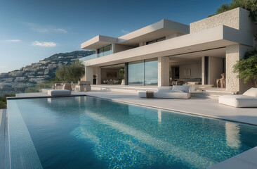 Fototapeta premium Exquisite modern villa with a luxurious infinity pool and stunning panoramic views, embodying sophisticated design and serene outdoor living by the coast