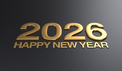 Luxurious golden 3D 2026 text with Happy New Year caption. Stylish 3D gold render design for New Year 2026 wishes. Premium metallic gold 2026 greeting art for festive season. 3D Render Illustration. 