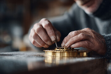 Close up on skilled hands meticulously assembling a golden clockwork mechanism. Represents precision, craftsmanship, legacy, and attention to detail. Perfect for engineering or historical themes.