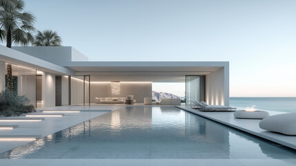 Modern luxury villa with infinity pool overlooking the sea at sunset, contemporary architecture design, pristine white facade, elegant outdoor living space