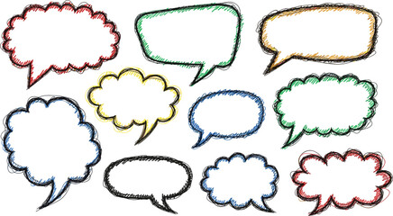 Obraz premium Hand Drawn Line Art Crayon Speech Bubble Sketch Set – Childlike Doodle Collection.