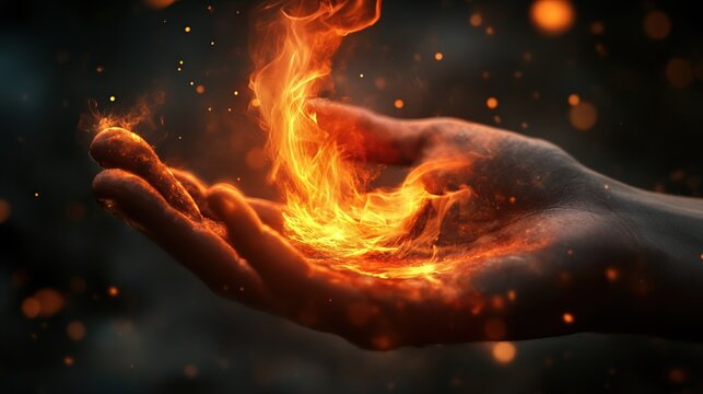 A person's hands hold a vibrant, dynamic flame, creating a magical and powerful image with sparks and glowing embers.
