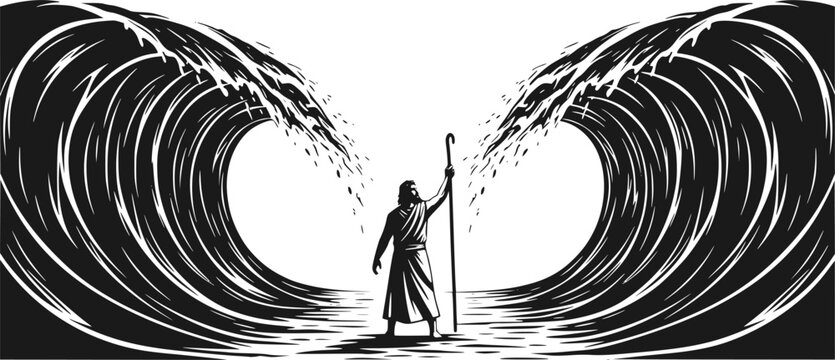 Black Vector Silhouette: Moses Parting the Red Sea A dramatic black vector silhouette depicting Moses standing on a shore with his staff raised, facing the sea,