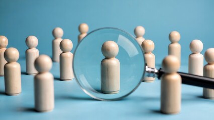 Obraz premium Magnifying glass focusing on a wooden figure among other wooden figures