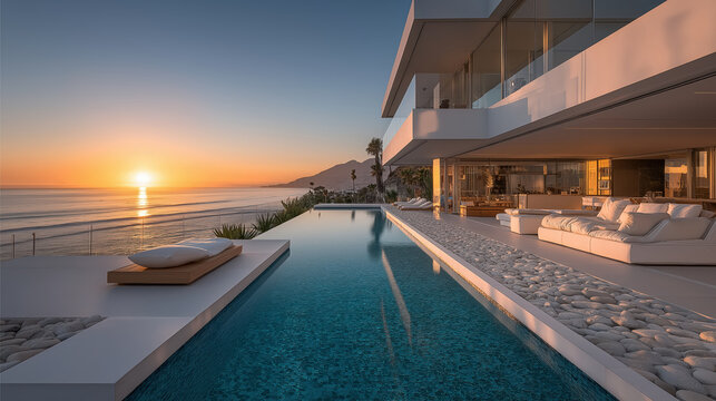 Luxury modern villa with infinity pool at sunset overlooking the ocean, a serene coastal retreat