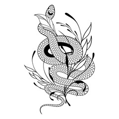 In-Bush Snake Illustration, Camouflaged Snake in Foliage, Hand-Drawn Wildlife Art