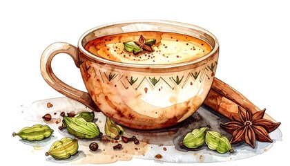 An artistic watercolor rendering showcases a cup brimming with spiced tea, surrounded by aromatic ingredients