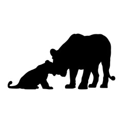 Lioness nurturing cub silhouette black
