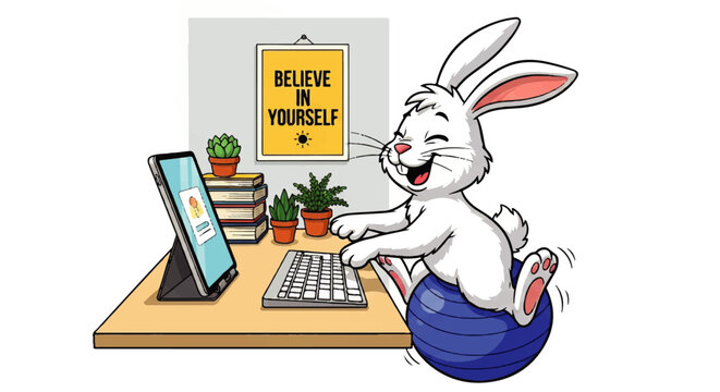 Happy cartoon rabbit works from home, sitting on a fitness ball at a desk with a motivational poster. A fun and productive home office concept