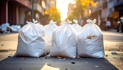 White Garbage Bags Lined Up on a City Street at Sunrise.
