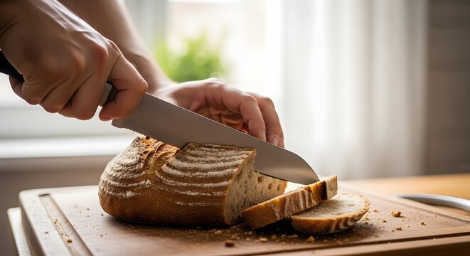 Slicing Freshly Baked Bread Loaf with Knife on Wooden Board