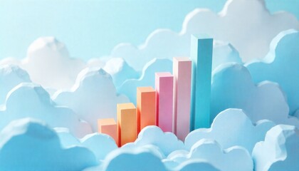 Colorful Bar Graph Emerging from Fluffy Paper Clouds on a Light Blue Background
