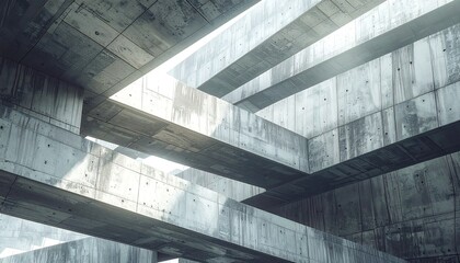 An architectural study of a stark, concrete interior. Sunlight streams through openings, creating geometric shadows