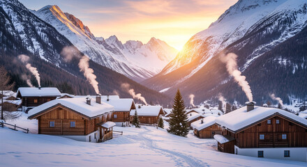 Snow-covered alpine village with wooden cabins